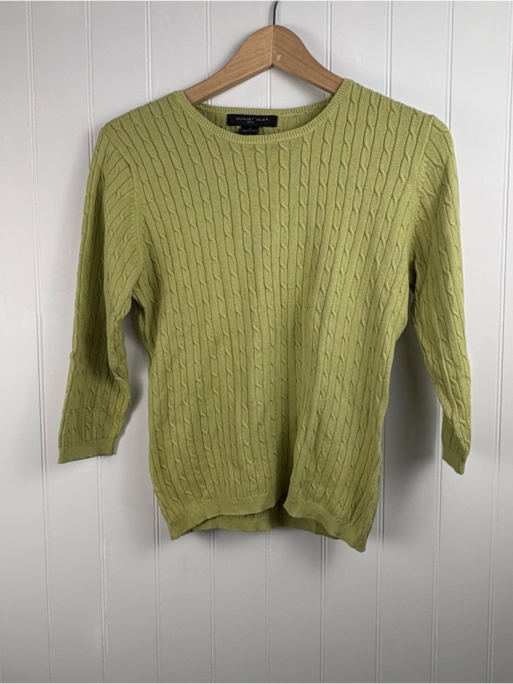 August‎ Silk Cable Knit Sweater Sage Green 3/4 Sleeve Minimalist M